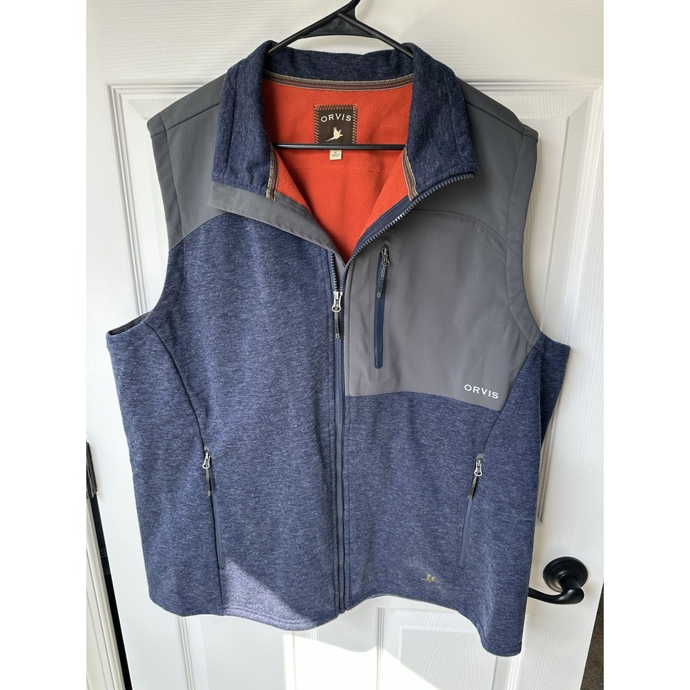 Orvis Wool Poly Blend Full Zip Hybrid Perf Fleece Lined Vest Blue Mens Sz XL